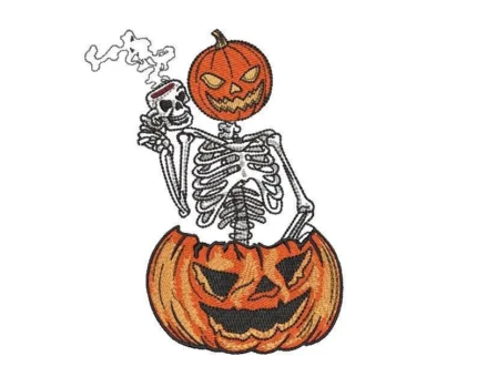 Pumpkin Skeleton Embroidery Design: Halloween Coffee Lover